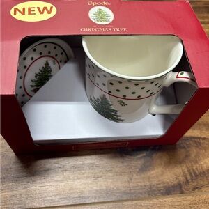 Spode Christmas Tree polka dot Coffee/Tea Mug and ceramic Coaster Set, new